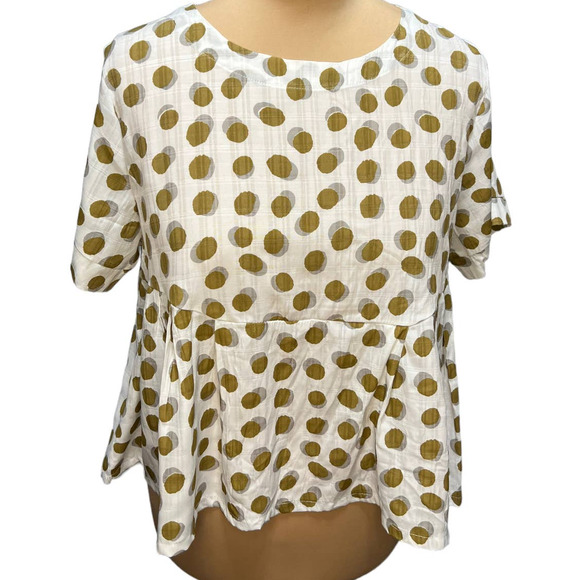 Patrizia Luca Peplum Tan and Gray Polka Dot Crew Neck Top, Size M/L - Picture 1 of 7